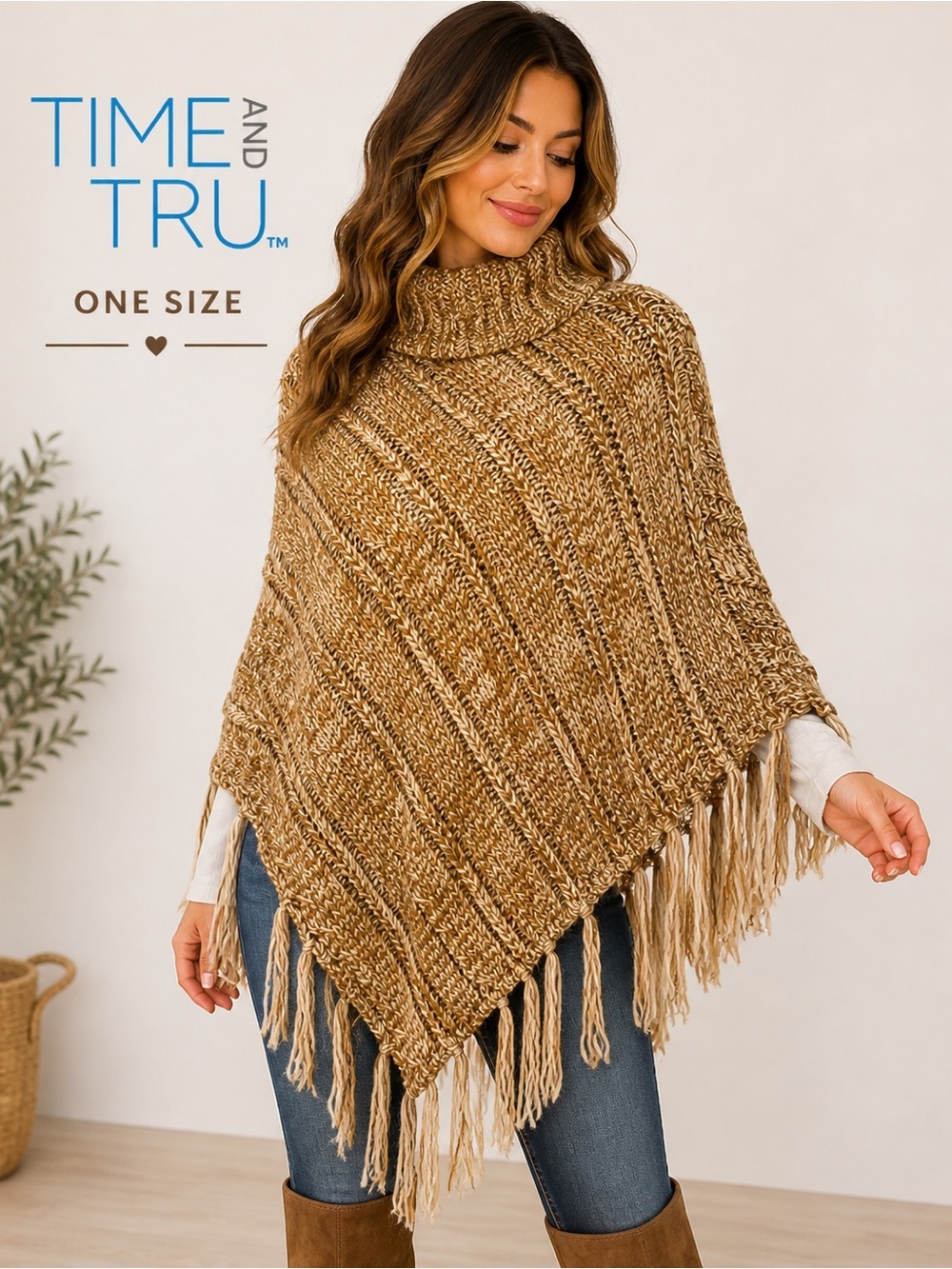 Time and Tru Chunky Knit Turtleneck Poncho Fringe One Size Cozy Boho style